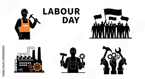 Labour Day Vector Icon Set Workers Industry Tools and Protest Silhouettes EPS10 Stock.eps