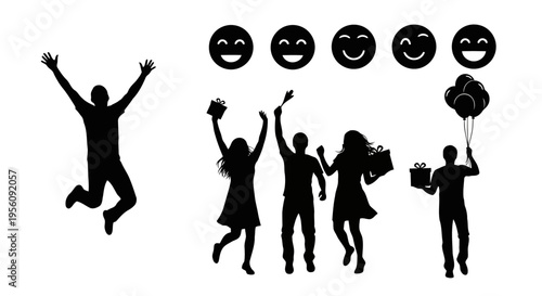 Joyful people celebrating vector silhouettes with gifts balloons and happy emojis EPS10 Stock.eps