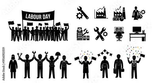 Labour Day Industrial and Office Worker Black Silhouette Vector Icons EPS10 Stock.eps
