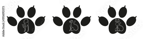 Set of black Cat Paw isolated transparent background. Simple Cat Paw silhouette with elegant kitty inside. Perfect for vet clinic logo and pet shop emblem. EPS 10 Editable stroke