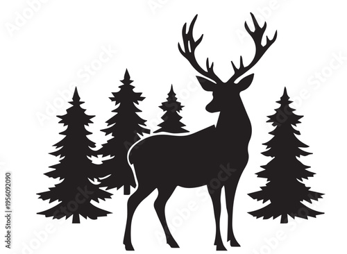 A brown deer with antlers standing quietly in a forest surrounded by nature and winter woods in a simple cartoon style illustration