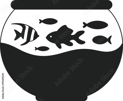 Fish bowl aquarium silhouette with multiple fish underwater pet habitat design aquatic life concept, vector illustration