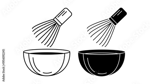 Matcha whisk and bowl icon set with outline and solid style for tea preparation concept