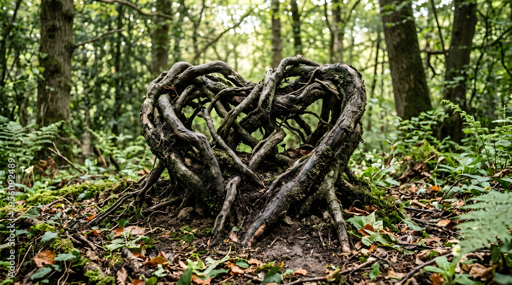Obraz premium Heart shaped tree roots, entwined, forest floor, nature symbol, love concept