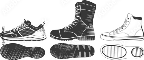 Footwear technical sketch illustration, sneakers boots sole design set, detailed shoe drawing – cad drawing flat vector illustration
