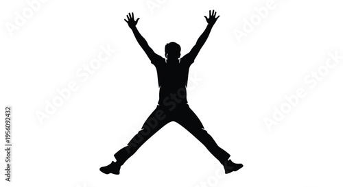 Silhouette of happy young man jumping with arms raised in air on white background, energetic and carefree person