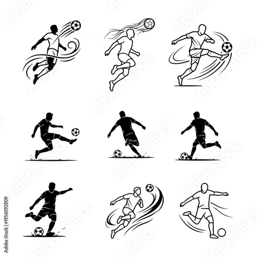 Minimalist Soccer Player Kicking Ball Silhouette Black White Vector Football