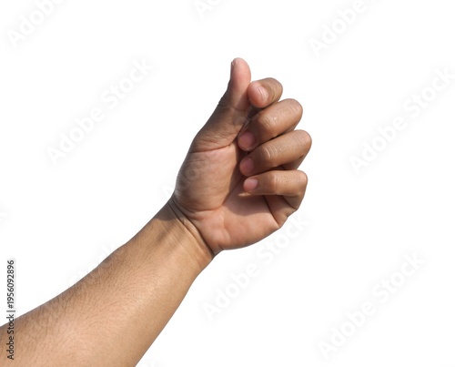 Male hand making a gesture of holding a card or business card. Some types of documents ID card Or a passport, coin, or something. Isolated on a white background.