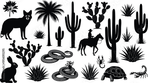 Desert Wildlife and Flora Silhouette Set Featuring Coyote, Cowboy on Horse, Rattlesnake, Scorpion, Tortoise, Jackrabbit, Saguaro Cactus, Prickly Pear, and Palm Trees for Western Design.