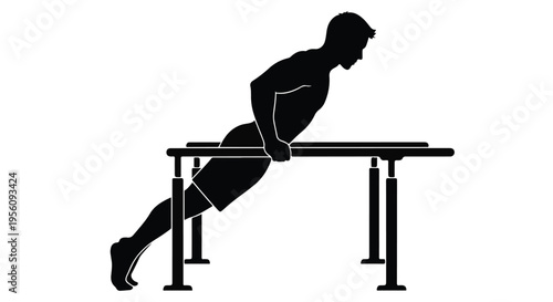 Silhouette of fit man doing push ups on parallel bars in gym fitness equipment, strong athletic body, workout exercise routine, healthy lifestyle, strength training