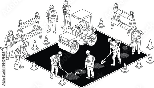 Isometric road construction site with workers paving asphalt using steam roller compactor shovel and rake tools near safety cones and barriers for urban infrastructure project