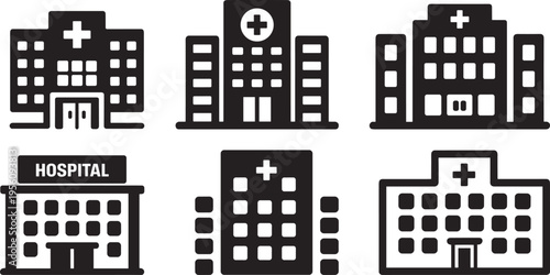Hospital building icons set illustration, medical healthcare facilities collection, clinic symbols, black and white flat vector design