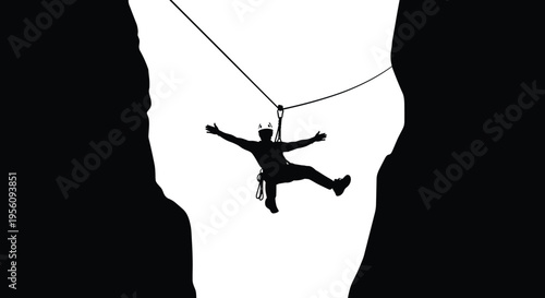 Man athlete silhouette enjoying zipline adventure between mountain cliffs with rope safety equipment and helmet on white background for extreme outdoor sports concept