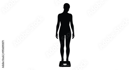 Black silhouette of a person standing on a scale in a white background, health and wellness concept