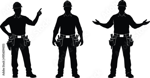 Set of construction worker silhouettes wearing hard hats and tool belts in various poses including pointing standing and presenting for industrial engineering and building projects