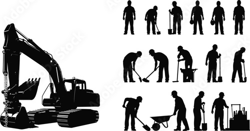 Professional industrial construction silhouette set featuring a heavy hydraulic excavator crawler and diverse group of manual workers using shovels, wheelbarrows, and heavy equipment tools.