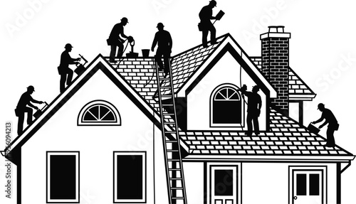 Silhouette of professional roofing contractors working together to install asphalt shingles on a suburban house roof during a residential home renovation construction project. (24 words)