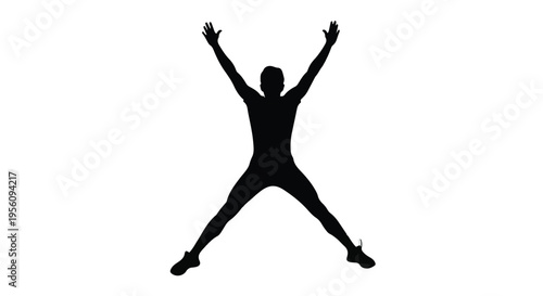 Happy jumping woman silhouette in black isolated on white background, carefree and joyful, energetic and dynamic, fitness and exercise concept