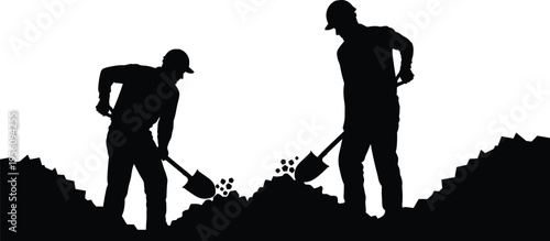 Two Construction Workers or Miners Wearing Safety Hard Hats and Using Shovels to Dig and Move Soil, Dirt, or Coal in a Trench Silhouette