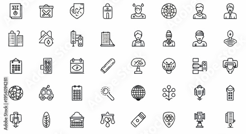 A collection of various business and technology icons in a line style.