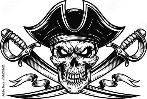 Vintage monochrome pirate skull wearing a traditional tricorn hat with crossed nautical sabers and decorative ribbons isolated on a white background for vector design (25 words)