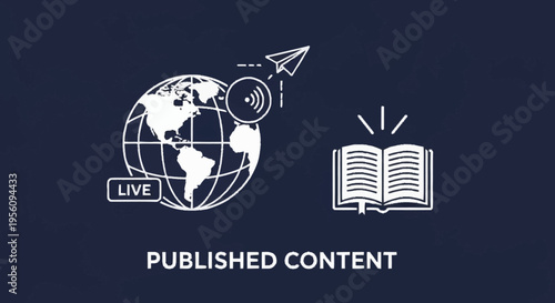 Published content concept with globe and book.