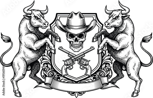 Vintage Western Heritage Vector Emblem Featuring Rearing Bulls Cowboy Skull in Hat Crossed Revolvers and Blank Ribbon Scroll for Tattoo Design or Brand Logo