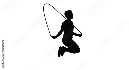 Silhouette of fit young woman jumping rope exercising outdoors in black isolated illustration for fitness concept