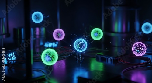 Wallpaper Mural Glowing neon spheres in a dark laboratory setting with colorful reflections Torontodigital.ca