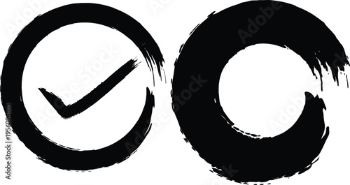 Hand Drawn Brush Circle and Check Mark Vector Set for Creative Checklist and Minimalist Design