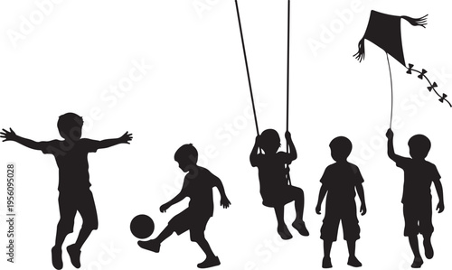 Black silhouette children playing, kids outdoor activities, playground fun, recreational vector icons
