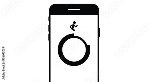 Black and white illustration of a person running on a loading circle on a smartphone screen, symbolizing patience and perseverance in digital technology