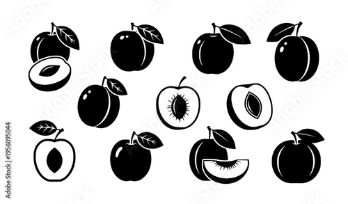 Fresh plum silhouette vector set with whole and sliced fruit shapes in minimal flat design isolated on white background