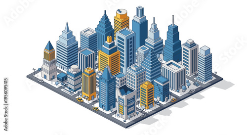 Isometric illustration of a cityscape with skyscrapers and buildings in various shades of blue and yellow on a flat surface.