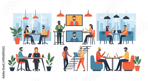 People work collaboratively in an office setting with coworkers and plants around them in an editable svg isolated scene.