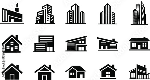 Building and house icon set vector real estate architecture skyline home property silhouette collection minimal urban residential symbols design