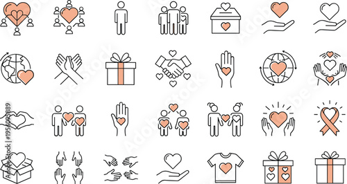 Charity donation line icon set vector volunteer support helping hands healthcare love humanitarian editable stroke symbols collection design