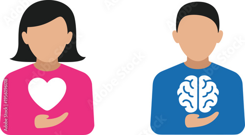 Human heart and brain concept illustration showing emotion and logic balance, male and female characters flat vector design