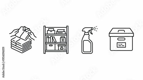 Simple line art icons depict household chores and organization tasks including folding laundry, shelving items, using spray cleaner, and storage boxes.
