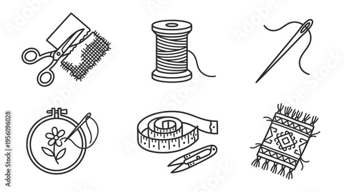A set of simple outline icons illustrates various sewing and textile crafting tools such as scissors, thread spools, needles, and measuring tapes.