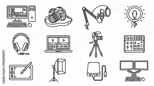 Various monochrome icons depict modern digital content creation tools including computers, cameras, microphones, and editing software interfaces.