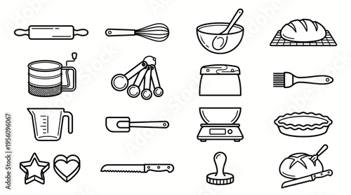 Assorted black and white icons display necessary baking and pastry tools including rolling pins, whisks, measuring cups, and digital scales.