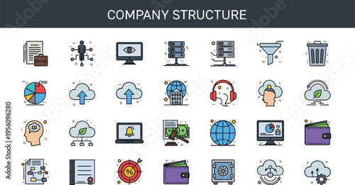 Company structure line icon set business organization workflow cloud database management hierarchy corporate outline vector illustration collection