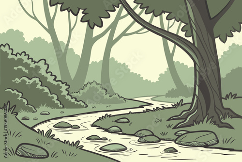 Forest river bend cartoon background simple vector illustration