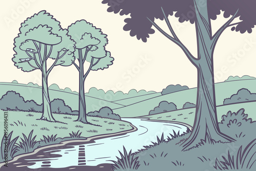 Village pond with trees cartoon background simple vector illustration