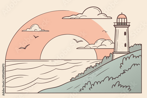 Ocean horizon sunrise cartoon background simple vector illustration