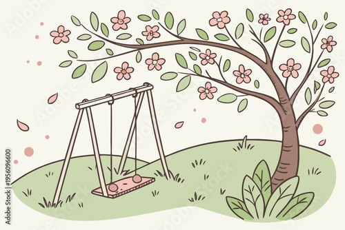 Garden swing in spring cartoon background simple vector illustration