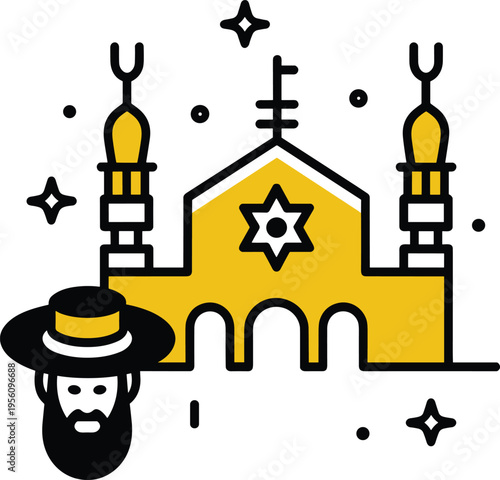 Jewish synagogue icon with Star of David and rabbi character, religious culture symbol illustration, minimal flat design for faith and tradition – vector illustration