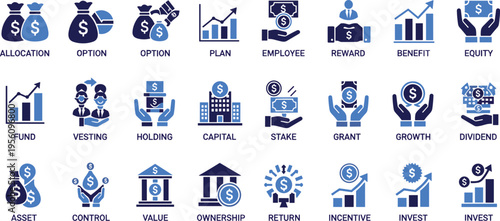 Finance investment line icon set allocation equity capital dividend growth ownership reward strategy business outline vector illustration collection