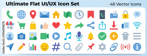 Flat UI UX icon set vector colorful interface phone email camera wifi navigation share settings symbols collection design